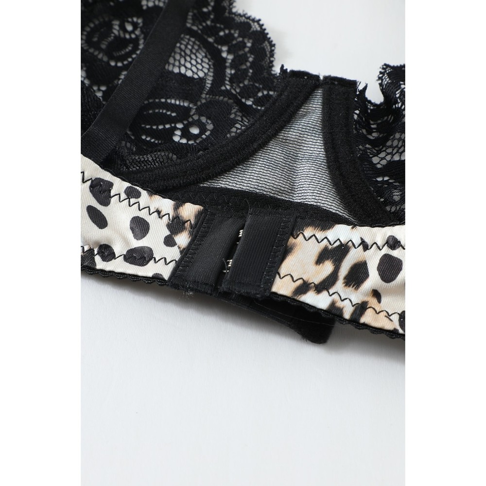 Black and white Leopard Print Lace Splicing Bra Panties & Garter set lingerie - Picture 15 of 15